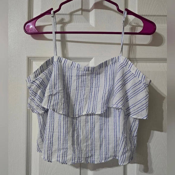 Avec Les Filles Tiered Ruffle Cropped Tank Top, Cotton/Linen Blend, Striped, EUC - Picture 2 of 11
